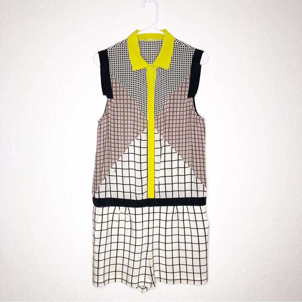 Trina Turk black tan cream windowpane plaid sleeveless silk romper